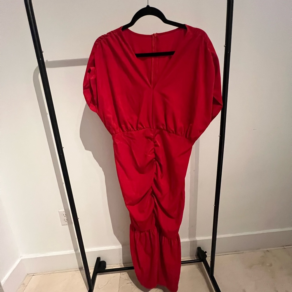 Red V-Neck Dolman Sleeve Midi Gown